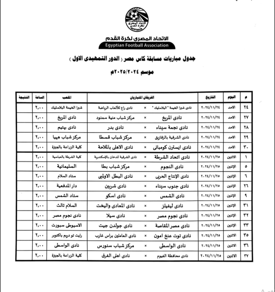جدول مباريات الدور التمهيدي لكأس مصر 