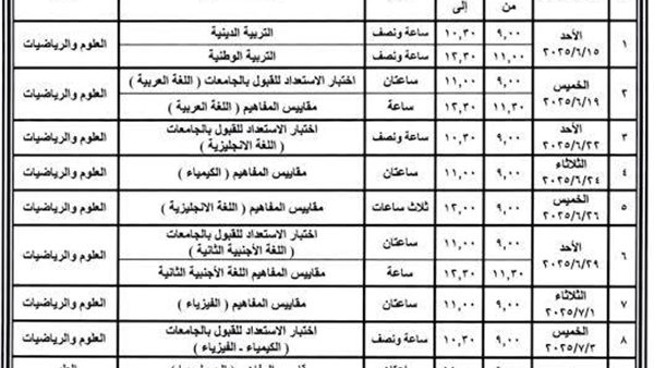 جدول امتحانات الثانوية
